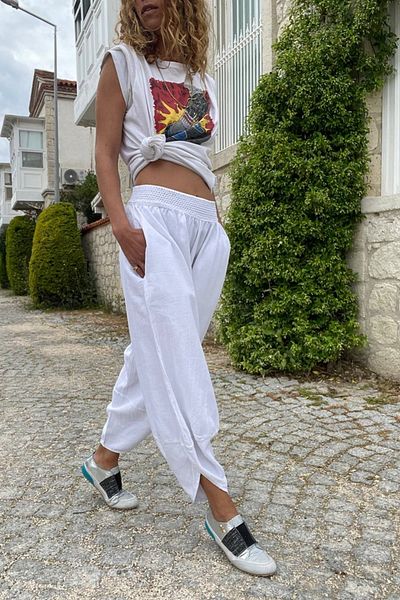 Güneşkızı Pantaloni largi de damă din in alb, cu buzunare și talie elastică Rsd58048