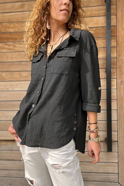 Güneşkızı Women's Black Washed Linen Side Buttoned Double Pocket Casual Shirt Gk-Rsd3013