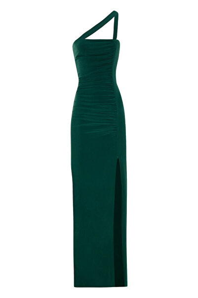 Whenever Company Zümrüt Yeşili Önden Tek Çapraz Askılı Uzun Likralı Abiye Elbise