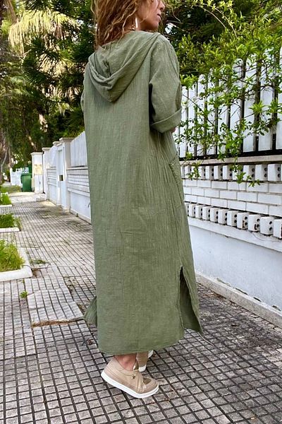 Güneşkızı Women's Khaki Hooded Pocket Sequin Loose Linen Look Long Dress Rsd1224