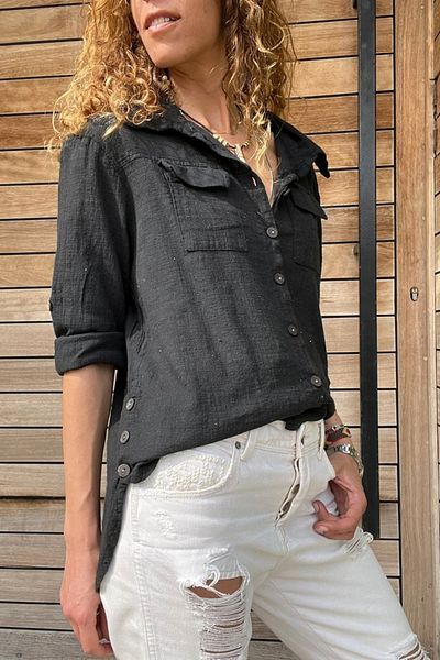 Güneşkızı Women's Black Washed Linen Side Buttoned Double Pocket Casual Shirt Gk-Rsd3013
