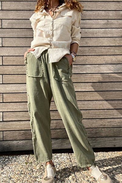 Güneşkızı Women's Khaki Elastic Waist Washed Linen Look Filthy Stitching Detailed Loose Baggy Trousers RSD1196