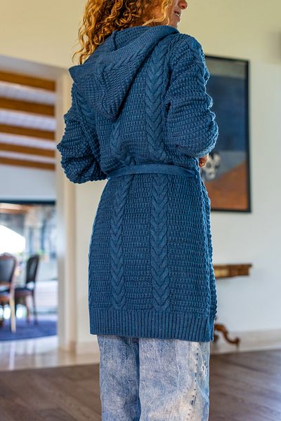 Güneşkızı Women's Blue Self-Textured Hooded Belted Buttoned Cardigan Cck12728