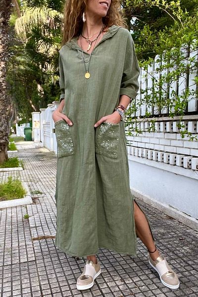 Güneşkızı Women's Khaki Hooded Pocket Sequin Loose Linen Look Long Dress Rsd1224
