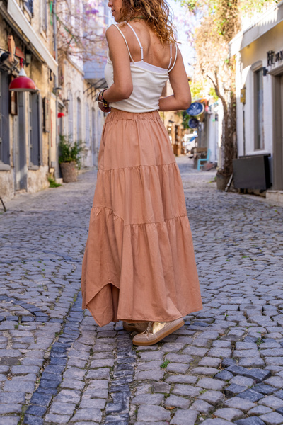 Güneşkızı Camel Flared Skirt with Pockets and Elastic Waist, Layered Design BST700-3574