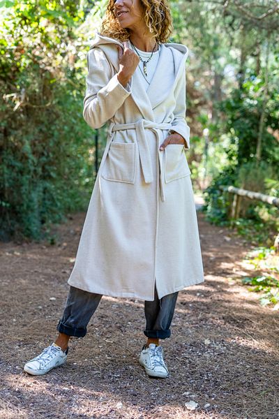 Güneşkızı Ecru Self-Gürtel Kapuzen-Casual-Kaşe-Mantel für Damen Bst3269
