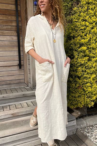 Güneşkızı Women's Beige Hooded Pocket Sequined Loose Linen Look Long Dress Rsd1224