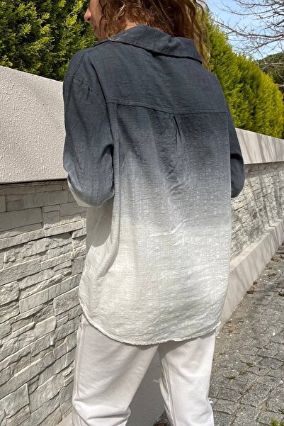 Güneşkızı Women's Black Washed Linen Gradient Half Placket Blouse Gk-Rsd3009