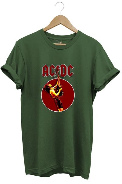 WİDİ Μπλουζάκι ροκ μουσικής μπάντας Ac Dc με τυπωμένη απόκοπτη εφαρμογή 100% βαμβακερό χακί