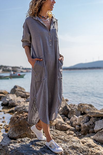 Güneşkızı Women's Gray Washed Linen Half Placket Pocket Dress Gk-rsd2083