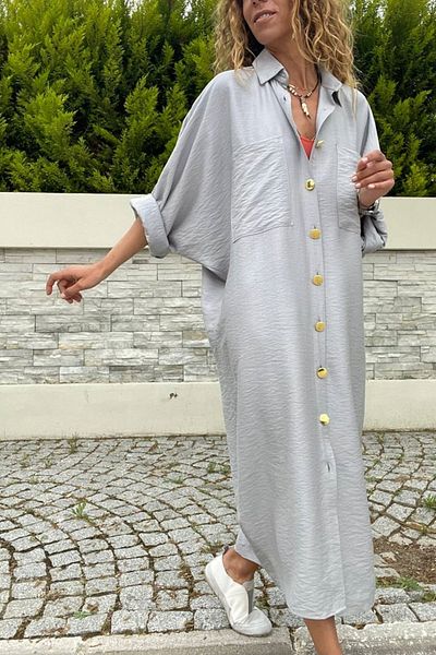 Güneşkızı Women's Gray Linen Bat Sleeve Casual Pocket Shirt Dress Bst3282