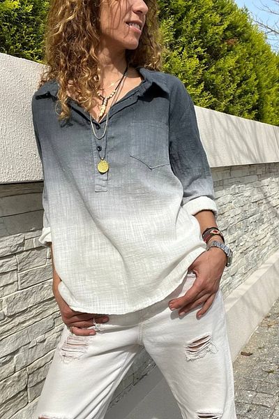 Güneşkızı Γυναικεία μαύρη πλυμένη λινό μπλούζα ντεγκραντέ μισό πατιλέτα Gk-Rsd3009