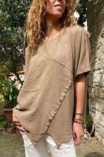 Güneşkızı Women's Bronze Asymmetric Cut Button Detail Single Pocket Linen Look Loose Blouse RSD1232