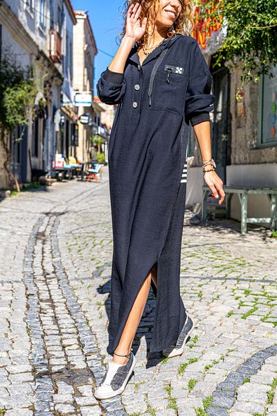 Güneşkızı Women's Black Linen Hooded Side Slit Back Printed Long Dress Bst3225