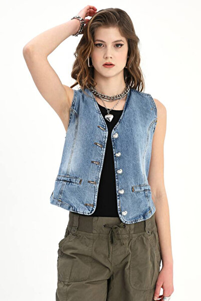 inos Mavi Kalp Düğmeli Kadın Jean Yelek %100 Pamuk