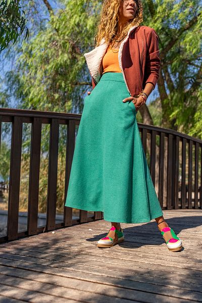 Güneşkızı Green Patterned Women's Flared Skirt - High Waist, Pocket, Stamp Bst3461