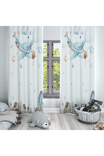 Else Dekor Blue City Patterned Airplane Background Curtain for Boys' and Baby's Room