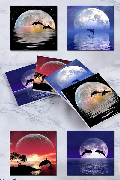 Else Dekor Else Dolphin Moon Patterned 4-Piece Coffee Tea Coasters Set Washable Non-Slip