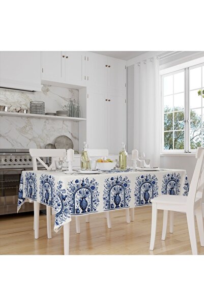 Else Dekor Синьо-біла ваза з вінтажним візерунком, цифровий принт, ефект льону, не залишає плям, бездоганна тканина, скатертина