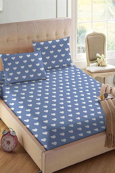 Else Halı Else Blue White Heart Patterned Elastic Double Elastic Pillowed Sheet Set 160x200cm