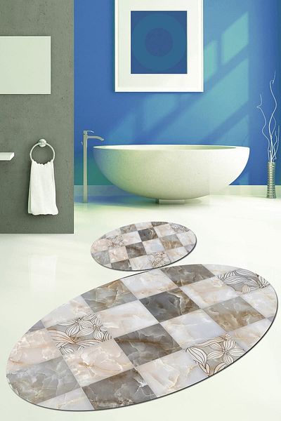 Else Halı Else Kadser Grey Marble 3d Oval Σετ Πατάκια Μπάνιου Σετ Τουαλέτας