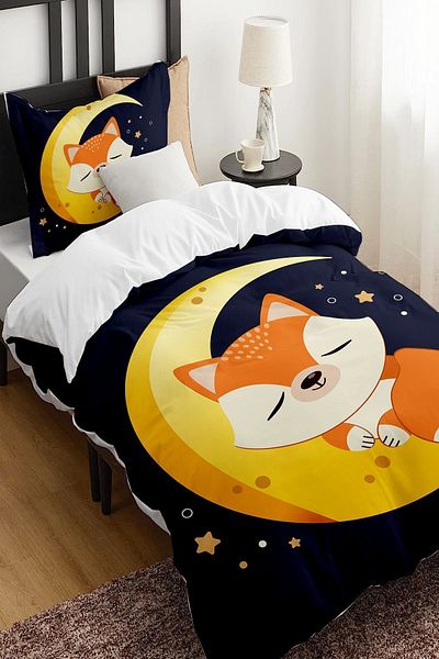 Else Dekor Single Children's Duvet Cover Set - Moon Grandpa Fox Patterned, No Sheets