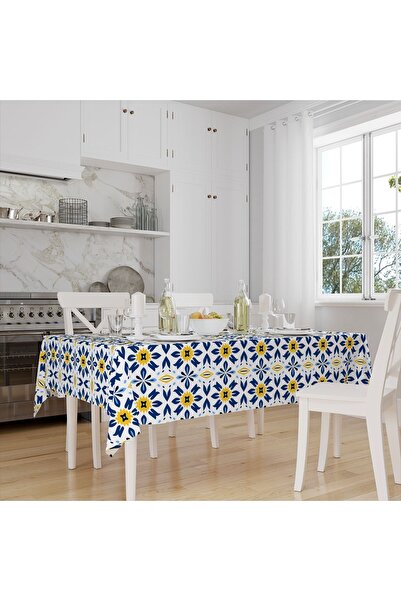 Else Dekor Ленена покривка за маса с етнически шарки - синя, бяла, жълта, дигитален печат, устойчива на петна, безпроблемна