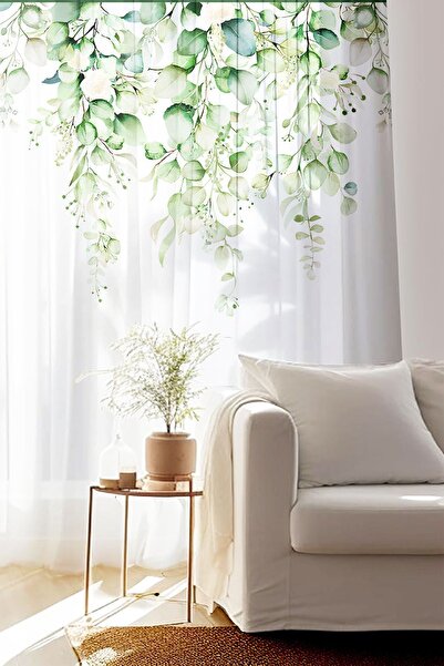 Else Dekor Green Eucalyptus Ivy Pattern Printed Decorative Living Room Kitchen Tulle Curtain 140x260cm