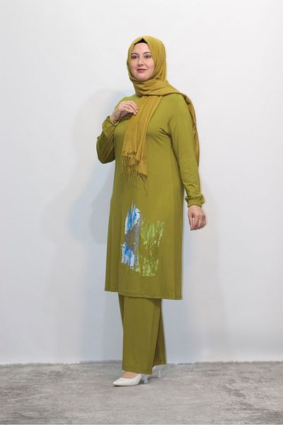 Zey&Ka Butik Plus Size - Sticker Printed Stone Detailed Mers Pants and Tunic Set