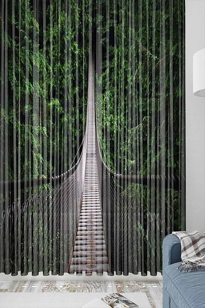 Else Dekor Green Forest Bridge Patterned Decorative Modern 3D Tulle Backdrop Curtain
