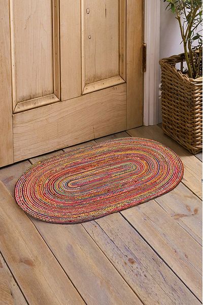 Else Dekor Colorful Patterned Double Sided Hand Knitted Jute Oval Interior and Exterior Door Mat