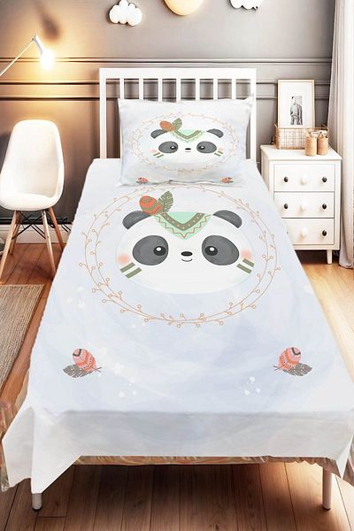 Else Dekor Bohemian Panda Patterned Blue Gray Children's and Baby's Bedspread - Decorative