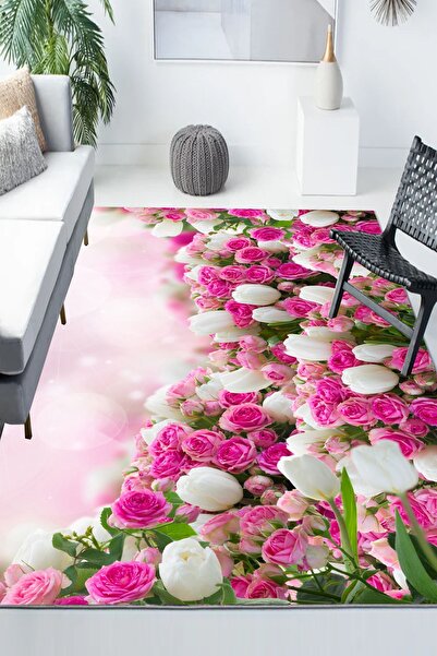 Else Halı Pembe Beyaz Çiçekler Desenli Modern Kaymaz Yıkanabilir Mutfak Salon...