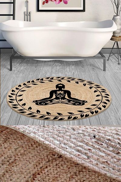 Else Halı Else Decor Yoga Patterned Rope Straw Jute Braid Round Shower Front Bath Mat 120x120cm