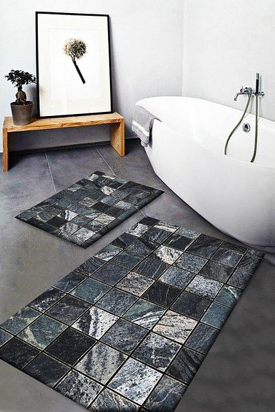 Else Halı Gray Black Marble Patterned Washable Non-Slip Base Bathroom Rug 2 Pieces