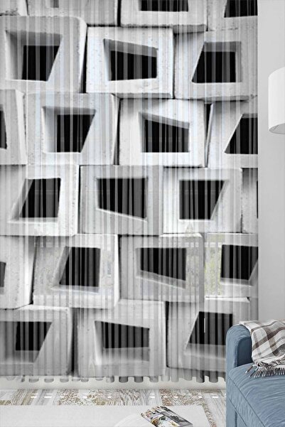 Else Halı Siyah Karo Kutular Desenli Dekoratif Modern 3d Tül Fon Perde