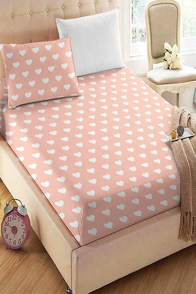 Else Halı Yavruağzı Pink White Heart Patterned Elastic Single Pillowed Elastic Sheet Set 90x190cm