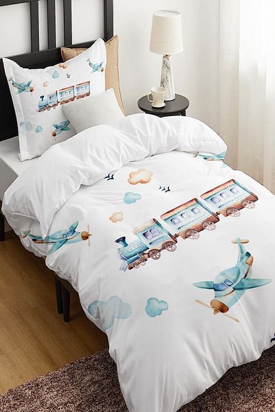 Else Dekor Blue Train and Airplane Patterned Single Children's Duvet Cover Set Without Sheets