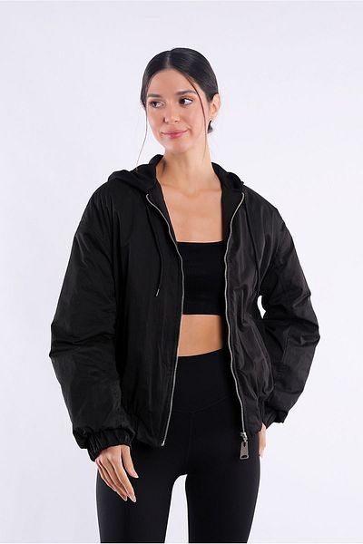 Yake Inflatable Lined Back Embroidered Hooded Short Black Coat