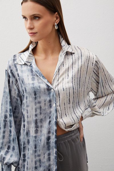 Sateen Gray Balloon Sleeve Patterned Shirt