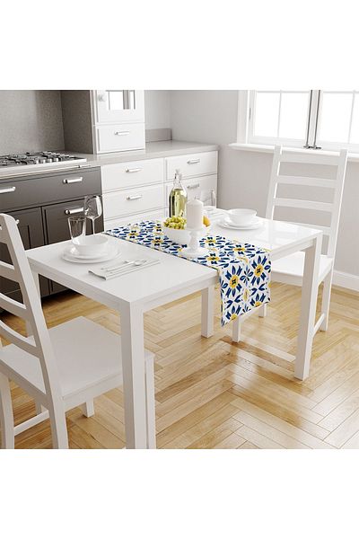 Else Halı Leke Runner imprimat digital cu modele etnice - albastru, alb, galben, rezistent la apă, fără probleme 40x140cm