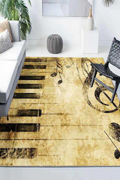 Else Halı Sarı Siyah Notalı Müzik Desenli Modern Kaymaz Yıkanabilir Mutfak Salon Halısı
