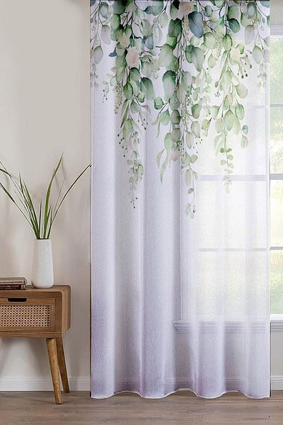 Else Halı Green Eucalyptus Ivy Pattern Printed Decorative Living Room Kitchen Tulle Curtain 140x260cm