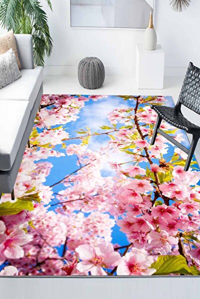 Else Halı Pembe Sakura Çiçekli Desenli Modern Kaymaz Yıkanabilir Mutfak Salon...