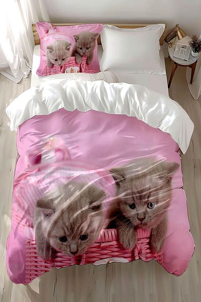 Else Dekor Pink Cute Cats - Set de lenjerie de pat pentru copii din satin de bumbac imprimat cu modele