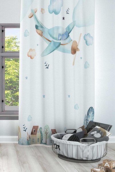 Else Halı Mavi Uçaklı Şehir Desenli Dekoratif Erkek Çocuk Ve Bebek Odası Fon Perde