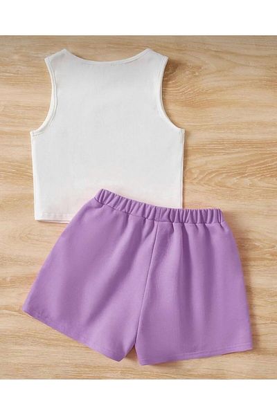 LOUİSA White and Lilac Brooklyn Printed Girl's T-shirt and Shorts Set