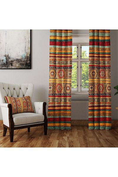 Else Dekor Red Yellow Green Oriental Authentic Anatolian Ottoman Patterned Background Curtain Kil2
