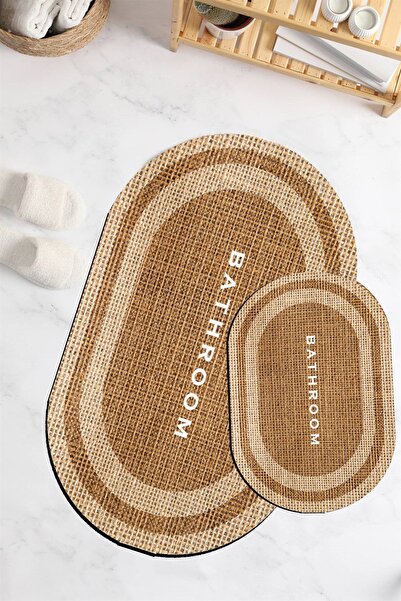 Else Halı Dijital Baskı Kaymaz Jüt Görünümlü Su Emici 2li Klozet Takımı Oval Banyo Paspası 90x60cm 40x60cm