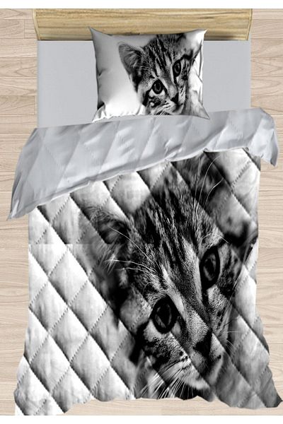 Else Dekor Gray and White Cat 3D Patterned Single Microfiber Quilted Fluffy Quilt